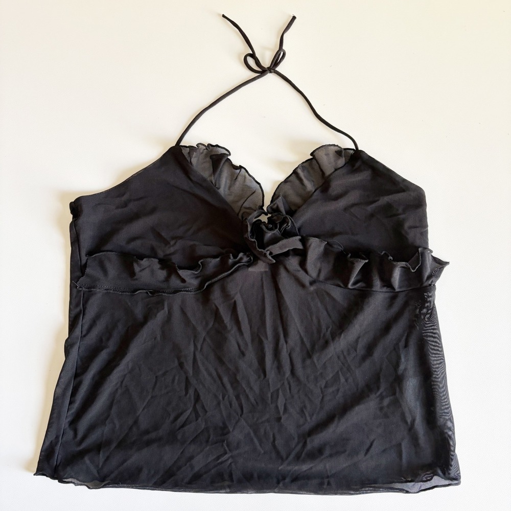 H&M Divided Womens Y2K Black Sheer Mesh Ruffle Rosette Whimsigoth Halter Top M